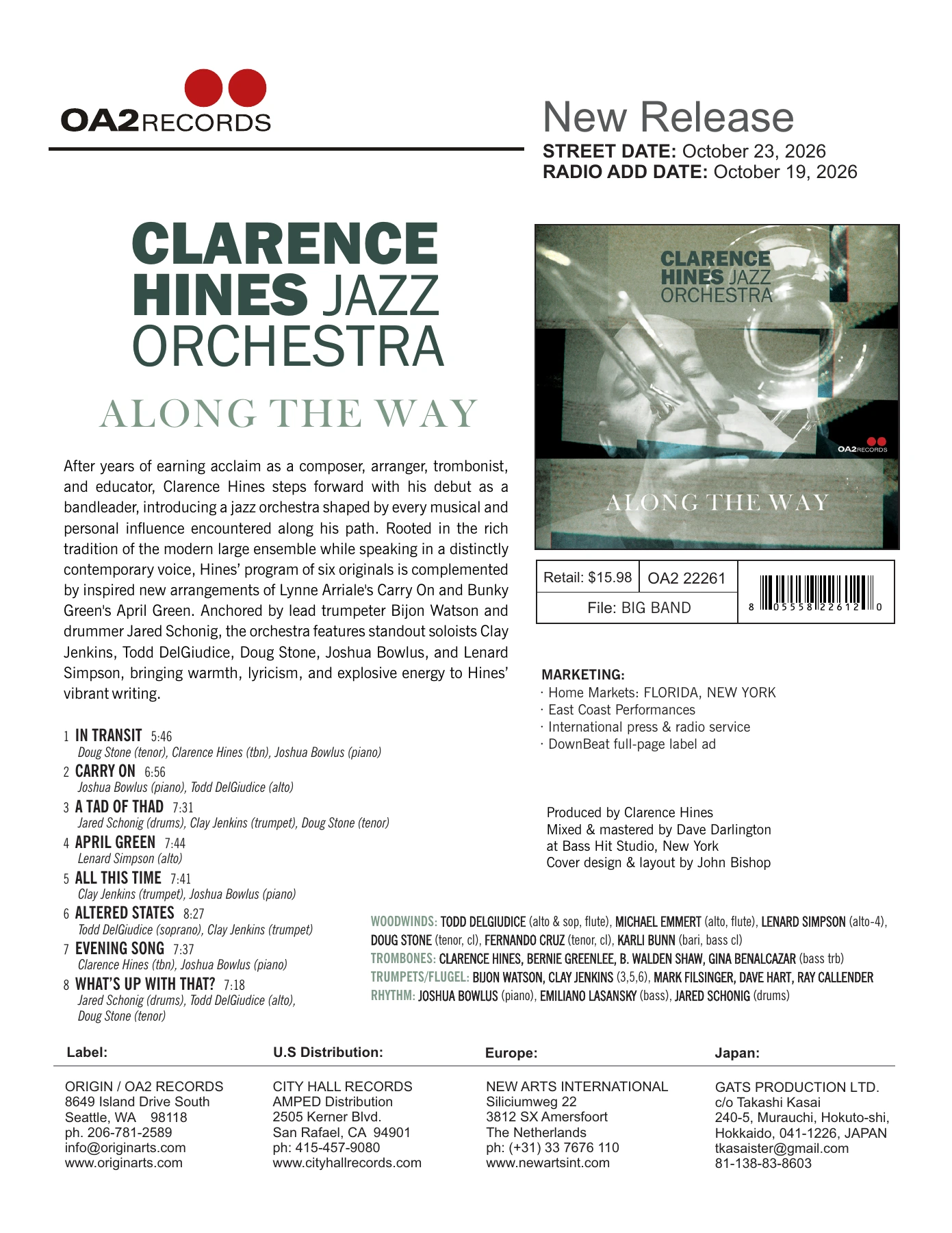 OA2 Records one-sheet for Clarence Hines Jazz Orchestra: Along the Way, including album description, tracks, personnel and release information